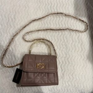 Bebe Quilted Brown Mini Bag with Gold Chain